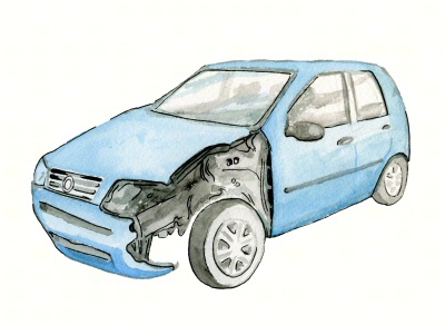 Vesivärimaalaus sinisestä Fiat Puntosta, jonka vasen etukulma on rikottu ja avattu